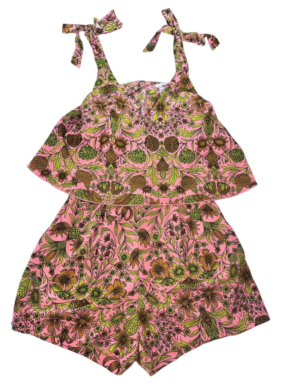 H&M Tropical Retro Pink Floral Romper Tie Shoulder with Pockets Size 6